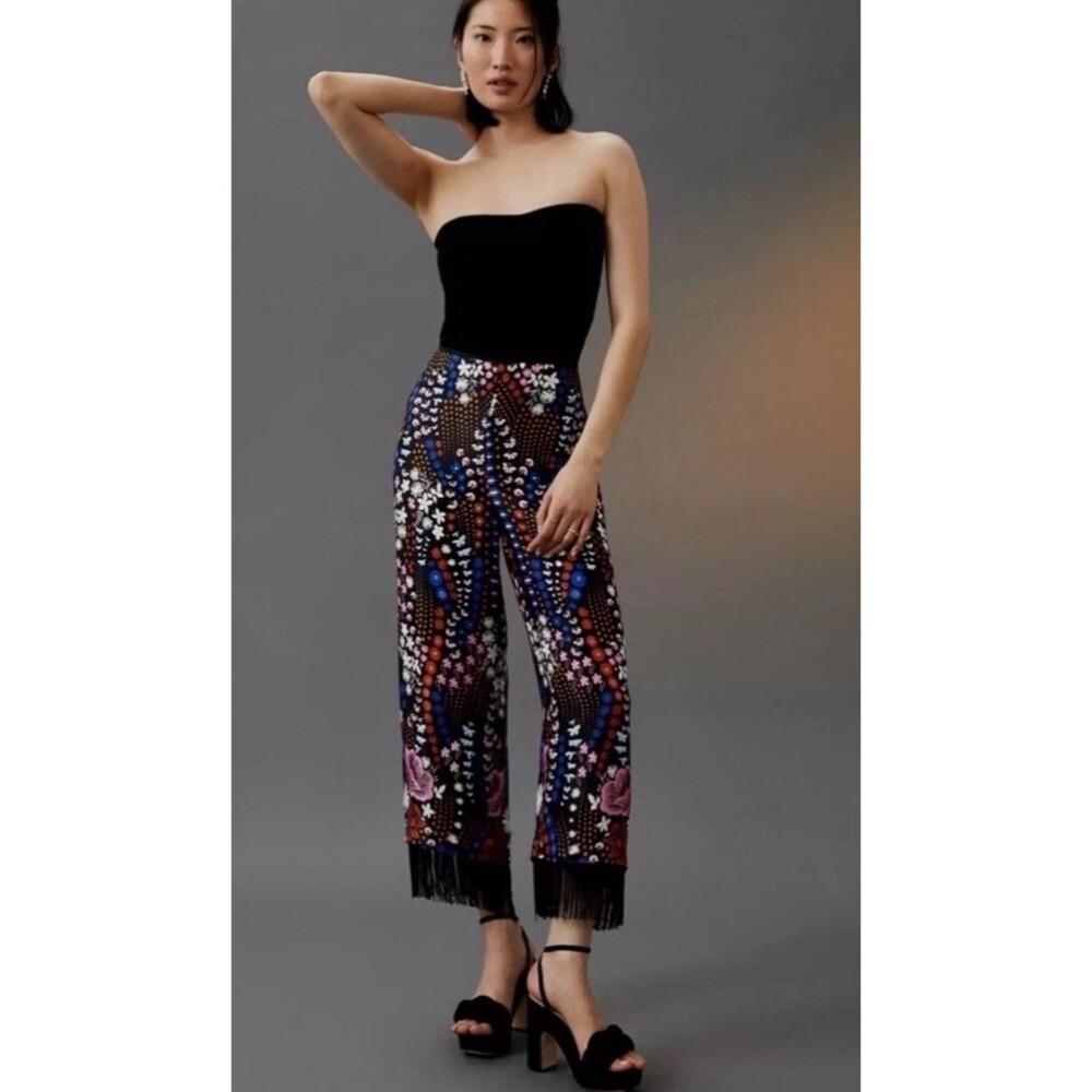 Anthropologie Maeve Printed Wide-Leg Pants Maeve Size 8 Multicolor Fringe Satin